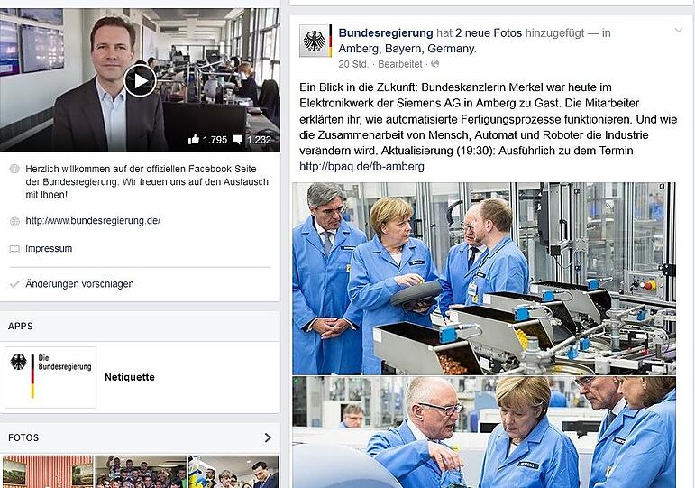 Angela Merkel im Blaumann bei Siemens, links oben Regierungssprecher Steffen Seibert: ein Bildschirmfoto der Facebook-Seite der Bundesregierung.