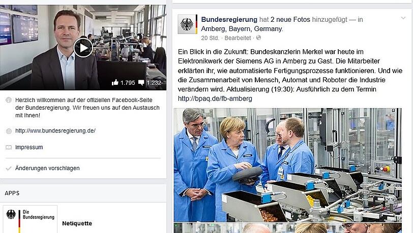 Angela Merkel im Blaumann bei Siemens, links oben Regierungssprecher Steffen Seibert: ein Bildschirmfoto der Facebook-Seite der Bundesregierung. Angela Merkel im Blaumann bei Siemens, links oben Regierungssprecher Steffen Seibert: ein Bildschirmfoto der Facebook-Seite der Bundesregierung.