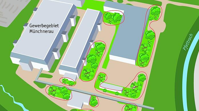 Nach Recherchen von Elke März-Granda finden auf dem Areal im Landshuter Westen (links die ehemalige Hitachi-Chipfabrik) umfangreiche Fällungen in einem Ausmaß statt, wie es in dieser Grafik illustriert wird. Die ÖDP-Stadträtin nennt den Vorgang "ein starkes Stück" und fordert angemessene Konsequenzen.