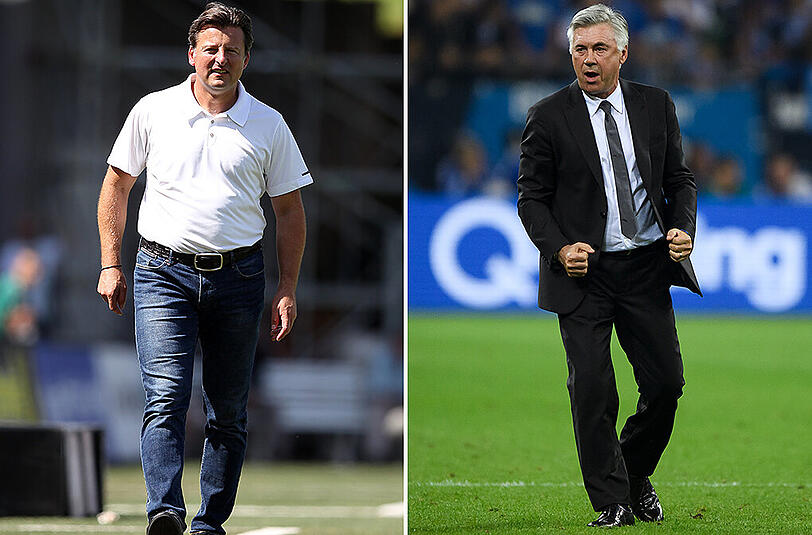 Bayern-Trainer Carlo Ancelotti und Löwen-Coach Kosta Runjaic (rechts).