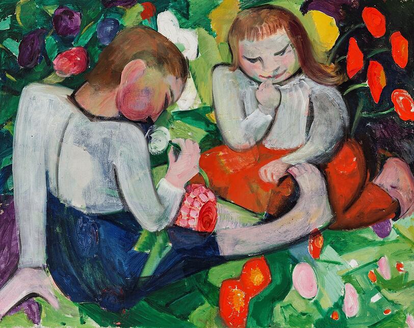 Maria Franck-Marcs Gem&auml;lde "Zwei Kinder zwischen Blumen" ist um 1912 entstanden.
