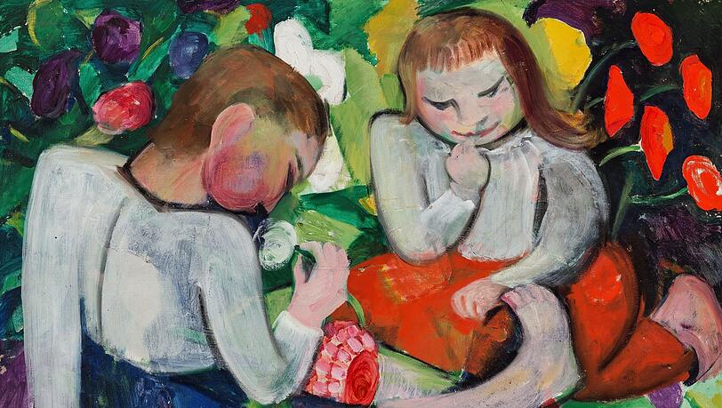 Maria Franck-Marcs Gemälde "Zwei Kinder zwischen Blumen" ist um 1912 entstanden. Maria Franck-Marcs Gemälde "Zwei Kinder zwischen Blumen" ist um 1912 entstanden.