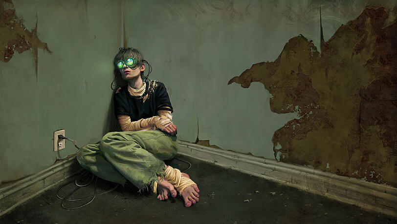 Gefangen in der virtuellen Welt: Diese Illustration zeigt die Vision vom Spiel "World of Warcraft im Jahr 2030". Ohne Bildschirm, nur mit Brille taucht der Spieler ab in ein anderes Universum - und verwahrlost in der echten Welt. Gefangen in der virtuellen Welt: Diese Illustration zeigt die Vision vom Spiel "World of Warcraft im Jahr 2030". Ohne Bildschirm, nur mit Brille taucht der Spieler ab in ein anderes Universum - und verwahrlost in der echten Welt.