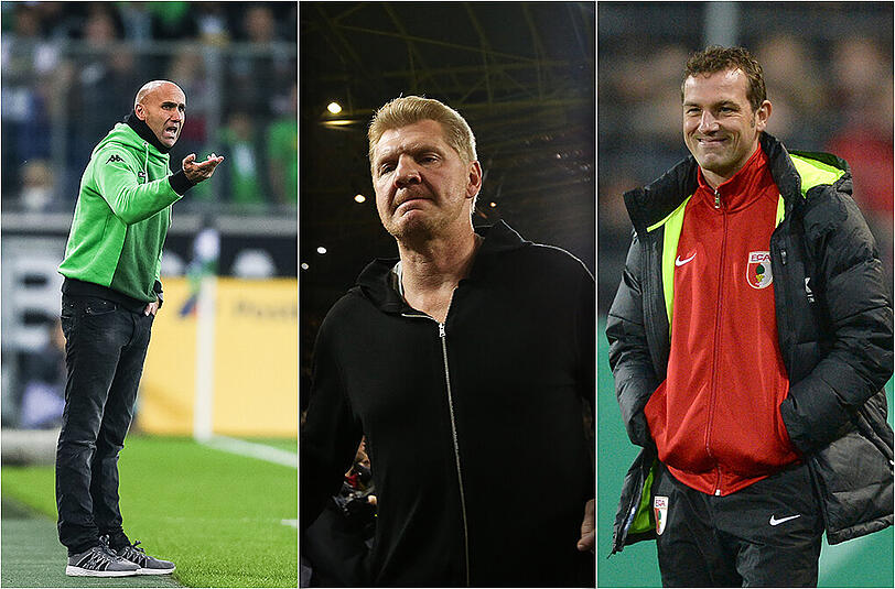 Während Gladbachs Trainer Andre Schubert (l.) und Augsburgs Coach Markus Weinzierl (r.) in die nächste Runde einziehen, ist für Stefan Effenberg, den neuen Trainer vom SC Paderborn in der 2. Runde des DFB-Pokals Schluss.