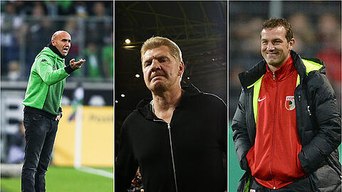 Während Gladbachs Trainer Andre Schubert (l.) und Augsburgs Coach Markus Weinzierl (r.) in die nächste Runde einziehen, ist für Stefan Effenberg, den neuen Trainer vom SC Paderborn in der 2. Runde des DFB-Pokals Schluss.