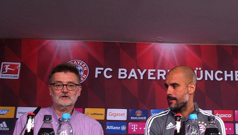 Mediendirektor Markus Hörwicks Stellvertreter Hans-Peter Renner und Bayern-Coach Pep Guardiola bei der Pressekonferenz am Freitag. Mediendirektor Markus Hörwicks Stellvertreter Hans-Peter Renner und Bayern-Coach Pep Guardiola bei der Pressekonferenz am Freitag.