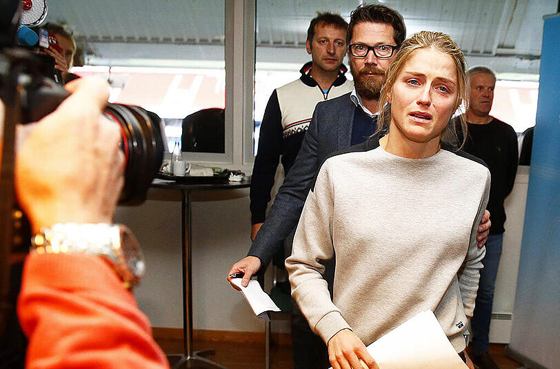 Norwegens Langlauf-Star Therese Johaug bei einer Pressekonferenz in Oslo.