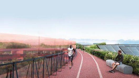 Arbeiten und dann sporteln auf der Tartanbahn: So stellt sich das Architekturbüro eventuell das Dach vor.