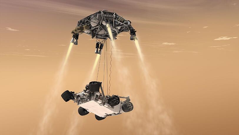 Künstlerische Darstellung der "Curiosity" und dessen Funktionsschema