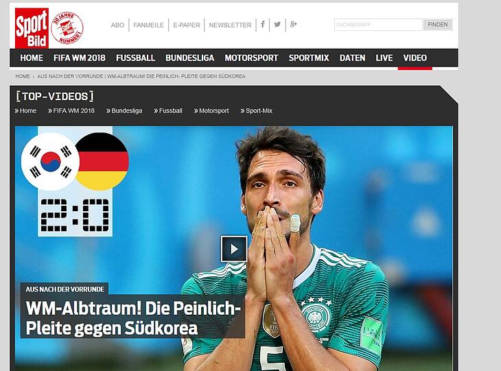 "Sportbild": "WM-Albtraum! Die Peinlich-Pleite gegen Südkorea"