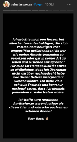 Diese Entschuldigung richtet Sebastian Preuss an seine Fans und Follower.