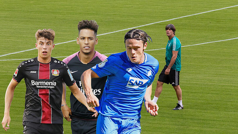 Bundestrainer Joachim Löw (r.) wird ein besonderes Augenmerk auf seine Debütanten haben: Kai Havertz (l.), Thilo Kehrer (2. v.l.) und Nico Schulz (2.v.r).
