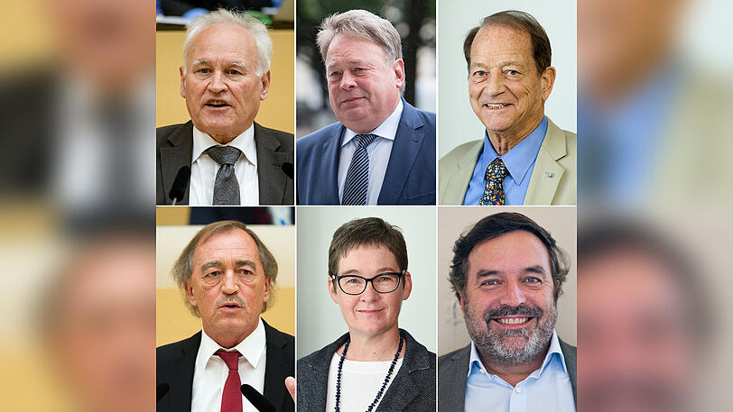 Sie verlassen das Maximilianeum (v.l.o.) &ndash; und mindestens 33 Abgeordnete mit ihnen: Erwin Huber (CSU), Helmut Brunner (CSU), Peter Paul Gantzer (SPD), Franz Schindler (SPD), Ulrike Gote (Grüne) und Christian Magerl (Grüne).