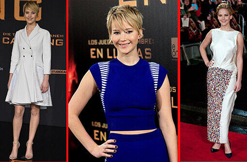 London, Berlin, Madrid - innerhalb von drei Tagen reiste die US-Schauspielerin mit ihrer Crew durch die drei Megastädte um ihren neuen Film "Die Tribute von Panem - Catching Fire" vorzustellen. Jeden Abend bezauberte sie mit einem anderen Dress auf dem roten Teppich: Links: Dior in Berlin, mitte: Alexander McQueen in Madrid und rechts: Dior in London.