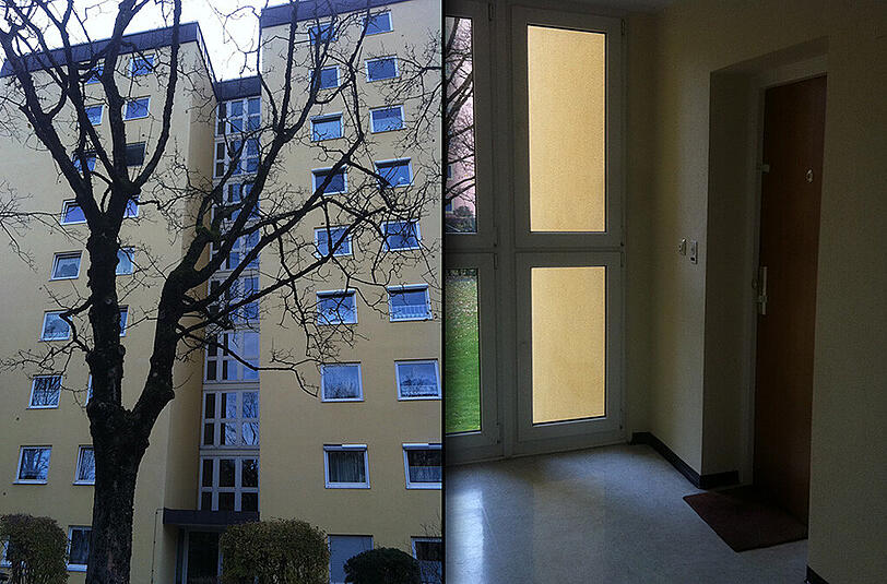 In diesem Haus in der Blumenau wurde die Leiche der Mutter gefunden. Rechts: Die Wohnungstür wurde von der Polizei versiegelt.