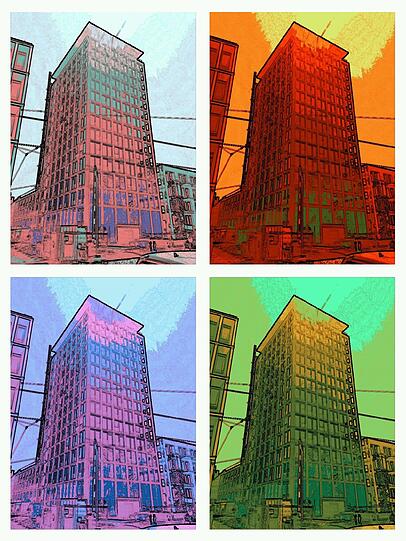 Protz-Turm als Pop Art: Das Nobel-Hochhaus &bdquo;The Seven&ldquo; in der Müllerstraße in vierfacher Ansicht, angelehnt an Andy Warhol.