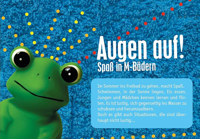 "Augen auf", fordert der Flyer zur Schwimmbadaktion "Sichere Bäder für unsere Kinder".