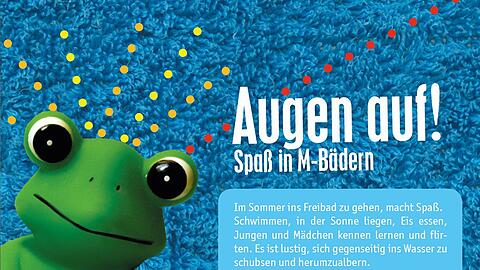 "Augen auf", fordert der Flyer zur Schwimmbadaktion "Sichere Bäder für unsere Kinder".