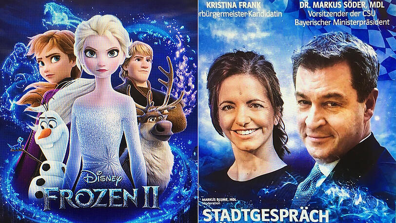 Das Plakat zum "Stadtgespräch" (rechts) ist von Farben, Stil und Eismagie stark inspiriert vom Plakat zu "Frozen II".