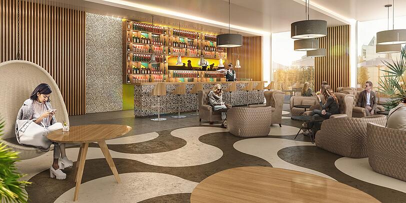 Der große, Lounge-ähnliche Lobbybereich im Stil einer Beach-Bar an der Copacabana inklusive Caipirinha Theke und hängenden Korbstühlen.