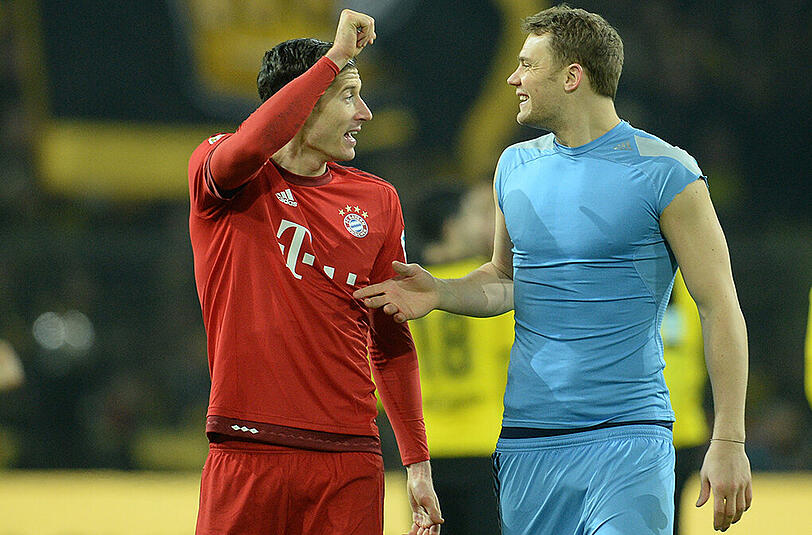 Robert Lewandowski erzielte gegen Eindhoven seinen achten Doppelpack. Manuel Neuer (r.) absolvierte seine 1440. Pflichtspielminute für den FC Bayern.
