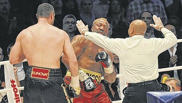 Erst als der Ringgong ertönt ist, stellt sich Ian John-Lewis schützend vor Briggs, der von Klitschko schwerst getroffen wurde. F: nordphoto Erst als der Ringgong ertönt ist, stellt sich Ian John-Lewis schützend vor Briggs, der von Klitschko schwerst getroffen wurde. F: nordphoto