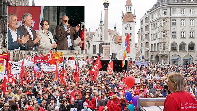 Viel los am Marienplatz: Die traditionelle Maikundgebung der Gewerkschaften zieht wieder Tausende an. Kleines Bild: Gewerkschaft und Politik Seit an Seit: Jürgen Kerner (IG Metall), OB Dieter Reiter, Bürgermeisterin Christine Strobl und der Münchner Verdi-Chef Heinrich Birner auf der Bühne am Marienplatz.