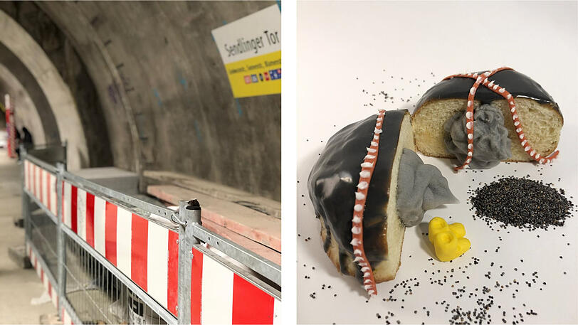 "Auch unsere Großbaustelle am Sendlinger Tor verdient ein bisschen Spaß: Statt mit Marmelade ist der Krapfen mit lebensmittelfarbengrauer, aber fluffig-süßer Creme gefüllt. Das Tüpfelchen auf dem i: Ein "Mohn-Schutthaufen""