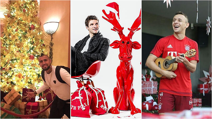 Arturo Vidal (l.), Thomas Müller (m.) und Rafinha in Weihnachtsstimmung. Die Feiertage verbringen alle aber auf andere Art und Weise.