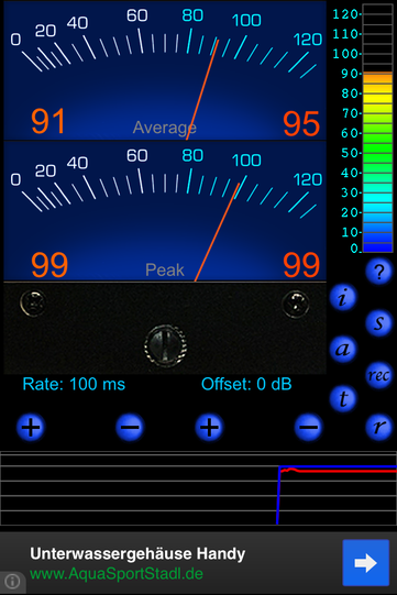 Die Anzeige einer Schallmess-App ("Decibel Ultra") zeigt hier durchschnittlich 91 Dezibel (oben links) an.
