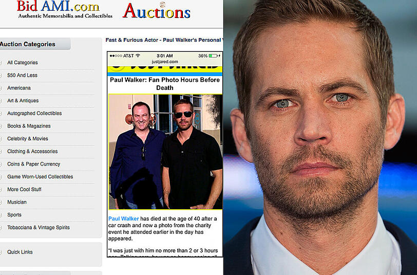 Paul Walker (r) kam im November 2013 bei einem Autounfall ums Leben. Links: Ein Screenshot der Webseite, die Walkers Sonnenbrille versteigert.
