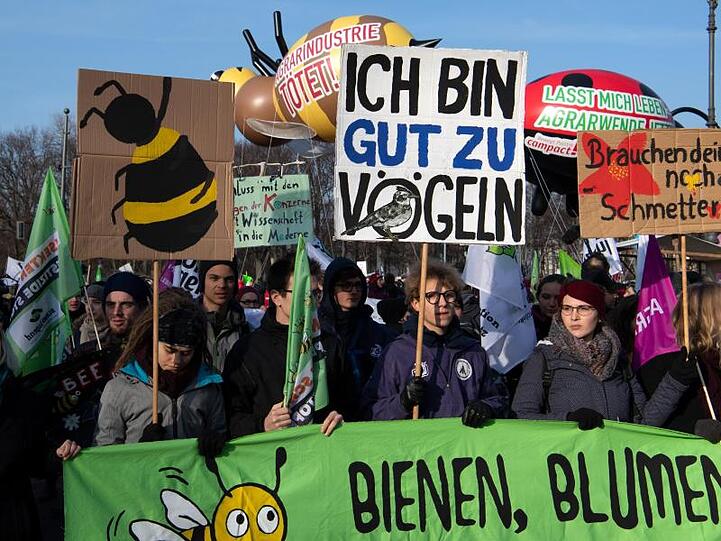 Unter dem Motto "Wir haben Agrarindustrie satt!" demonstrieren Menschen in Berlin.