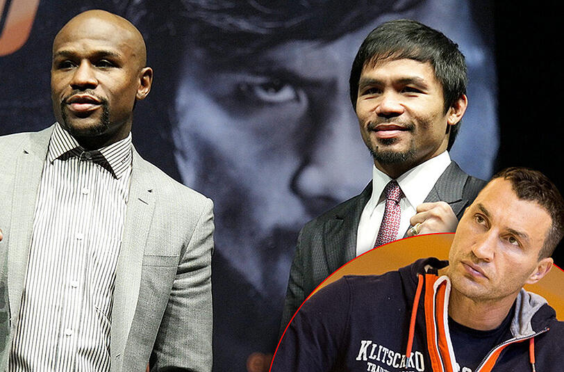 Diesmal bekommt Box-Champion Wladimir Klitscho (unten rechts) wenig Aufmerksamkeit für seinen Kampf. Die Boxwelt fiebert auf den Mega-Fight zwischen Floyd Mayweather jr. (l) und Manny Pacquiao hin.