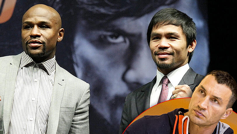 Diesmal bekommt Box-Champion Wladimir Klitscho (unten rechts) wenig Aufmerksamkeit für seinen Kampf. Die Boxwelt fiebert auf den Mega-Fight zwischen Floyd Mayweather jr. (l) und Manny Pacquiao hin. Diesmal bekommt Box-Champion Wladimir Klitscho (unten rechts) wenig Aufmerksamkeit für seinen Kampf. Die Boxwelt fiebert auf den Mega-Fight zwischen Floyd Mayweather jr. (l) und Manny Pacquiao hin.