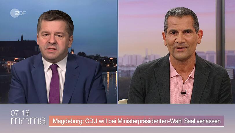 Mitri Sirin (rechts) sprach im ZDF-"Morgenmagazin" mit Sachsen Anhalts Ministerpräsident Sven Schulze. Mitri Sirin (rechts) sprach im ZDF-"Morgenmagazin" mit Sachsen Anhalts Ministerpräsident Sven Schulze.