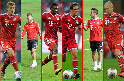 Bayerns Sixpack: Toni Kroos, Mario Götze, David Alaba, Philipp Lahm, Thiago Alcántara, Arjen Robben (v.l.n.r.)