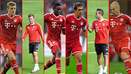 Bayerns Sixpack: Toni Kroos, Mario Götze, David Alaba, Philipp Lahm, Thiago Alcántara, Arjen Robben (v.l.n.r.) Bayerns Sixpack: Toni Kroos, Mario Götze, David Alaba, Philipp Lahm, Thiago Alcántara, Arjen Robben (v.l.n.r.)