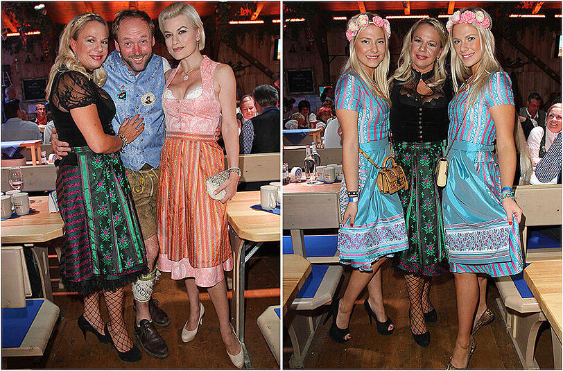 Links: Birgit Fischer-Höper und Peter Lingnau mit Kriemhild Siegel. Rechts: Die Schauspiel-Zwillinge Valentina und Cheyenne Pahde mit Birgit Fischer-Höper.