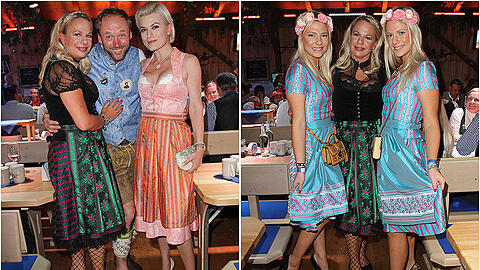 Links: Birgit Fischer-Höper und Peter Lingnau mit Kriemhild Siegel. Rechts: Die Schauspiel-Zwillinge Valentina und Cheyenne Pahde mit Birgit Fischer-Höper.