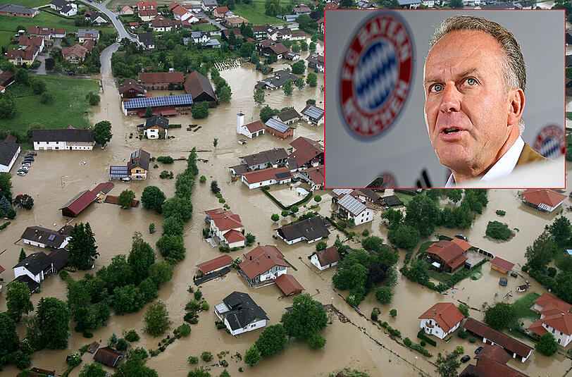 Bayern-Boss Karl-Heinz Rummenigge (kl. Bild) stellt den Hochwasser-Opfern in Niederbayern Hilfe in Aussicht.