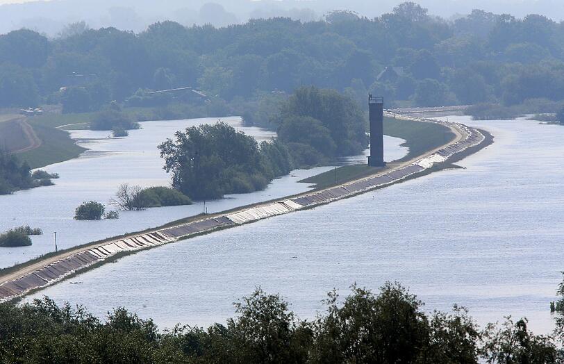 Hochwasser der Elbe auf einem Deich in Mecklenburg-Vorpommern.