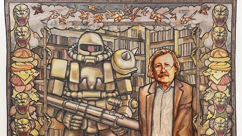 Die Tapisserie "Peter Sloterdijk vor der heiligen Inquisition des Trivialgeschmacks" von Margret Eicher war 2012 bei einer Ausstellung im Badischen Landesmuseum im Karlsruher Schloss zu sehen.