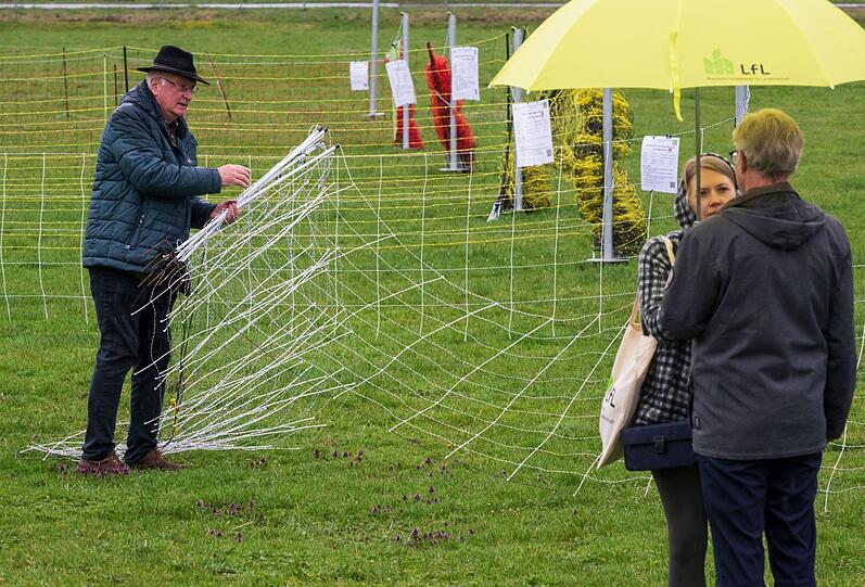 Diverse Herdenschutzmaßnahmen gegen den Wolf werden auf einer Wiese vorgestellt.