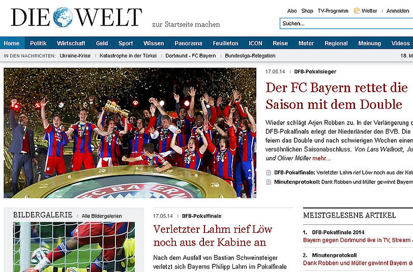 Auch "Die Welt" räumt dem Pokalfinale reichlich Platz auf der Startseite ein.