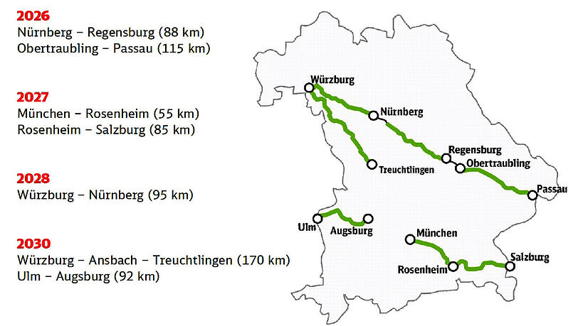 Die Generalsanierung in Bayern auf einen Blick: Bis 2030 will die Bahn sieben ausgelastete Strecken sanieren.