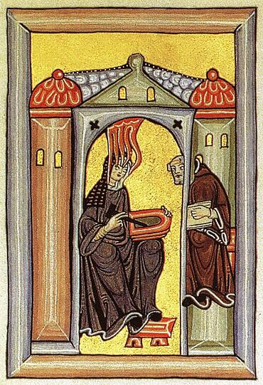 Der Frontispiz ihrer ersten Visionsschrift „Scivias“ zeigt die Heilige Hildegard, wie sie notiert und ihrem Vertrauten Volmar diktiert. Der Frontispiz ihrer ersten Visionsschrift „Scivias“ zeigt die Heilige Hildegard, wie sie notiert und ihrem Vertrauten Volmar diktiert.