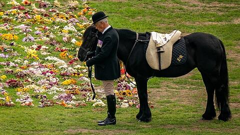 Pony Emma und Gestütsleiter Terry Pendry bei der Beerdigung der Queen