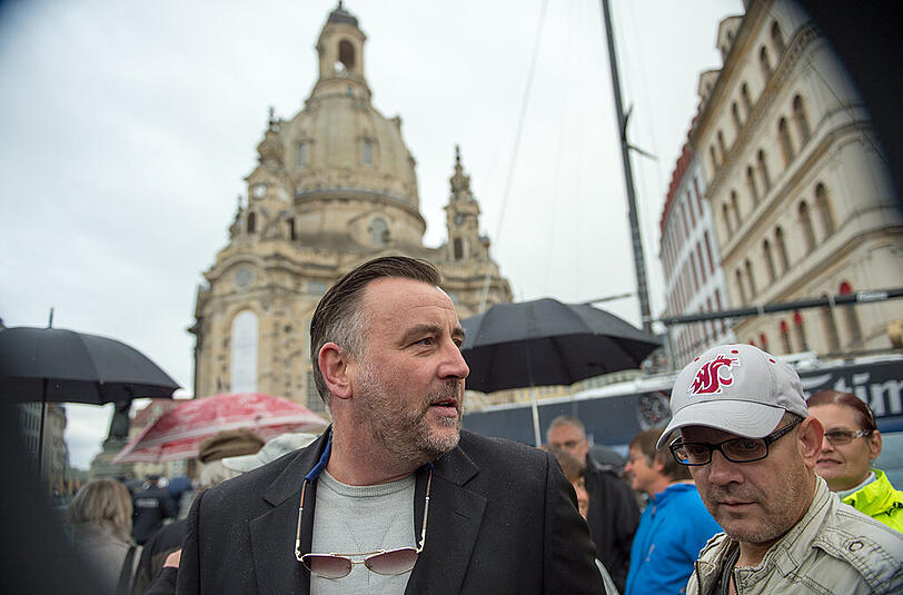 Pegida-Mitbegründer Lutz Bachmann während der Kundgebung in Dresden.