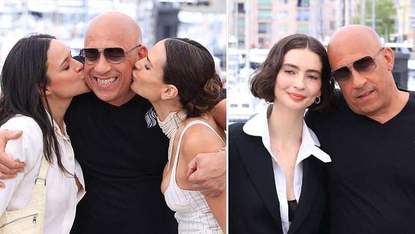 Von Michelle Rodriguez (l.) und Jordana Brewster gab es Schmatzer f&uuml;r Vin Diesel, auch mit Meadow Walker (r.) zeigte sich der Star innig.