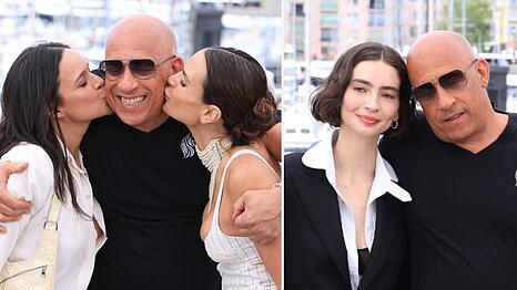 Von Michelle Rodriguez (l.) und Jordana Brewster gab es Schmatzer f&uuml;r Vin Diesel, auch mit Meadow Walker (r.) zeigte sich der Star innig.